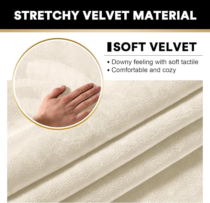 PrinceDeco Velvet Couch Covers for Sofa Soft 4 Pieces Couch Covers for 3 Cushion Couch Sofa Pet Friendly Furniture Protector with Non Slip Elastic Bottom Width Up to 97 Inch (Large Sofas, Ivory)