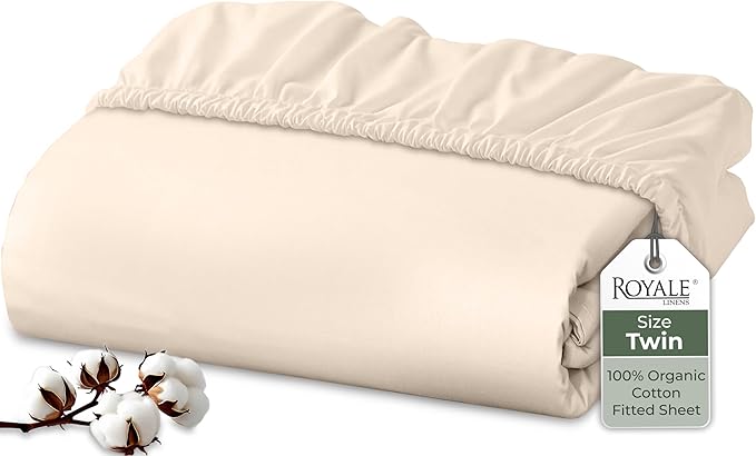 Royale Linens 100% Organic Cotton Fitted Sheet - Percale Weave - Super Soft Deep Pocket Bottom Sheets - Sage Green Elastic Sheet Twin Size - Twin Fitted Sheets Only - (39"x75"+15", Cream)