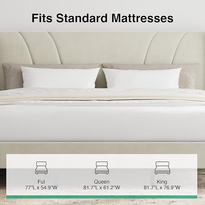 Novilla King Size Bed Frame, King Bed Frame with Headboard, Velvet Upholstered Wing Side Headboard, No Box Spring Needed, Heavy Duty Feet, Easy Assembly, White Velvet