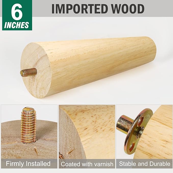 FoDau770 Rubber Wood Furniture Legs 6 Inches, Straight Tapered Wood Feet Mid Century Sofa Legs Set of 8, 5/16" UNC Furniture Feet Replacement Parts for Cabinet Couch Dresser Chair Ottoman Table