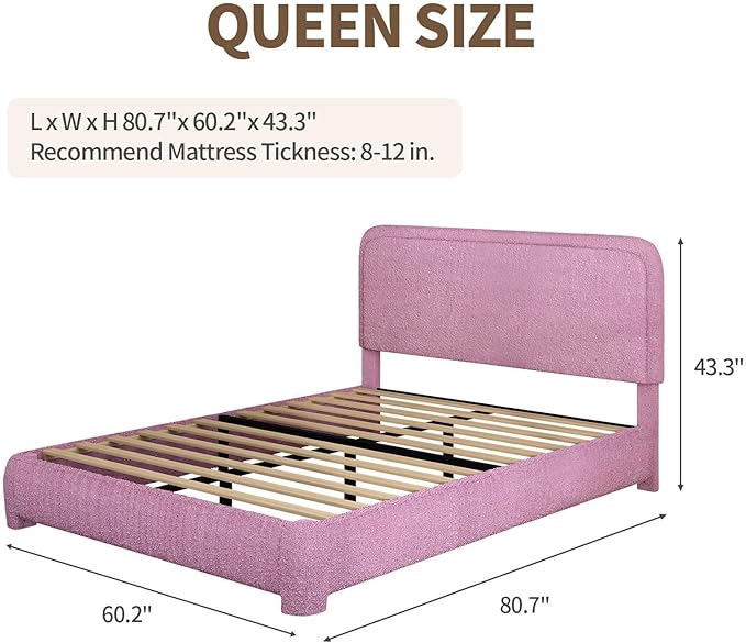 BarnFurin Queen Bed Frame with Headboard, Boucle Upholstered Platform Bed with Wood Slats, Soft Rounded Corners, No Box Spring Required, Non-Slip and Noise-Free, Easy Assembly, Rose Pink