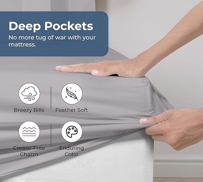 Royale Linens 100% Organic Cotton Fitted Sheet - Percale Weave - Super Soft Deep Pocket Bottom Sheets - Elastic Sheet King Size - King Fitted Sheets Only - (78"x80"+15", Silver)
