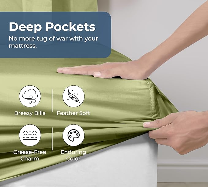 Royale Linens 100% Organic Cotton Fitted Sheet - Percale Weave - Super Soft Deep Pocket Bottom Sheets - Sage Green Elastic Sheet Queen Size - Queen Fitted Sheets Only - (60"x80"+15", Sage Green)