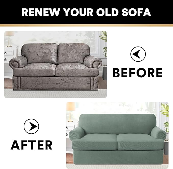 PrinceDeco T Cushion Loveseat Slipcover 3 Pieces Sofa Covers for T Cushion Sofa Stretch Slip Covers for 2 Cushion Couch with 2 Individual T Shape Seat Covers Width Up to 76"- Washable, Sage
