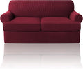 PrinceDeco T Cushion Loveseat Slipcover - 3 Pieces Sofa Cover for 2 Cushion Couch with 2 Individual T Shape Seat Covers Width Up to 76 Inch - Stretch, Machine Washable, Burgundy