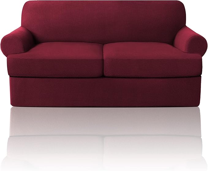 PrinceDeco T Cushion Loveseat Slipcover - 3 Pieces Sofa Cover for 2 Cushion Couch with 2 Individual T Shape Seat Covers Width Up to 76 Inch - Stretch, Machine Washable, Burgundy