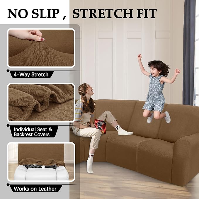 Waterproof Reclining Sectional Couch Covers Washable L Shaped Couch Cover for Sectionals Recliner Sofa Covers Stretch Corner Recliner Slipcovers for Dogs (5 Seater Cover, Light Brown)
