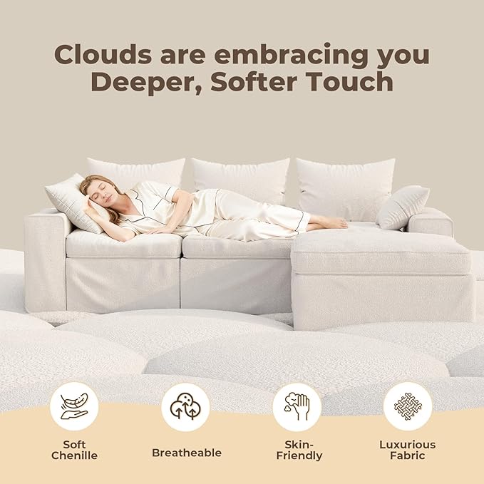 108 Inch Cloud Sectional Couch, Modular Sectional Sofa with Deep Seat, Convertible L-Shape Couch with Ottoman, 3 Seater Cloud Couches for Living Room, No Assembly Required (Warm White)