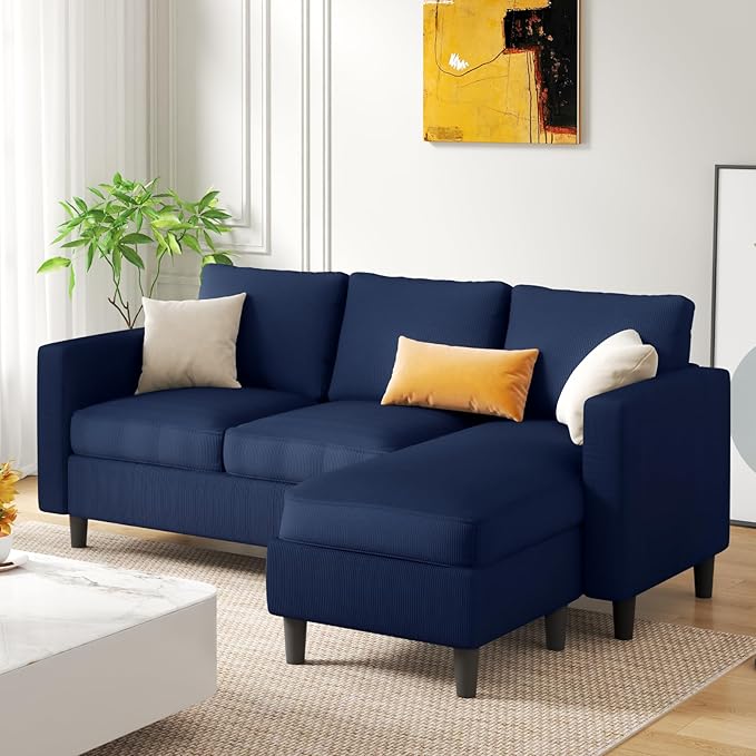 JAMFLY Couches for Living Room, 3-Seat Reversible Sectional Sofa with Convertible Ottoman, Modern Ribbed Fabric L-Shaped Couch for Small Apartment, Studio & Office, Easy Assembly, Blue
