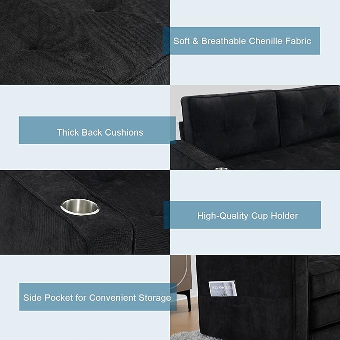 VINGLI Upgraded 64" W 84" L Full Size Futon Sofa Bed, 6" Thick Upholstery Chenille Loveseat Sofa Sleeper Pull Out Couch,Convertible Floor Couch for Living Room, Bedroom, Entertainment Room, Black