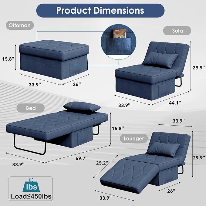 Convertible Sofa Bed with 5-Level Adjustable Backrest, 70" D x 34" W 4-in-1 Folding Ottoman Sleeper Chair Bed, Modern Single Futon Couch for Living Room Apartment Dorm Small Space, Navy Blue