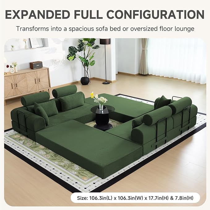 106” L Shaped Boneless Sectional Couch, Two 70.87” Pieces Convert to 141.7” Extra Long Straight Sofa, Corduroy Couch in a Box with Headrest and Back Pillows for Apartment Living Room, Dark Green