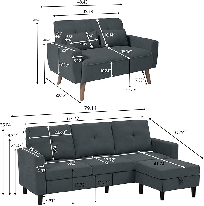 Convertible Sectional Sofa Set, Small L Shaped 3-Seat Couch with Reversible Chaise and Loveseat Sofa, Modern Polyester Sofas Couches for Living Room, Dark Grey | L Shaped 3-Seat, Reversible Chaise, Loveseat Sofa, Modern Polyester, For Living Room