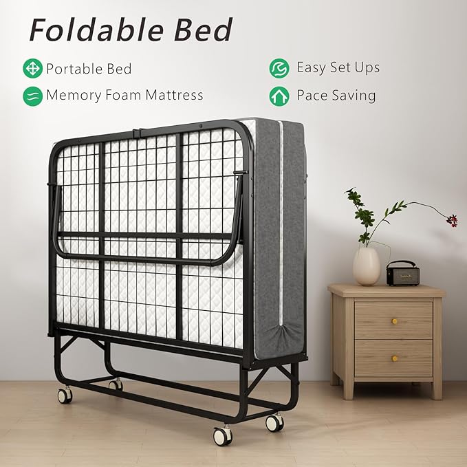 Folding Bed with Mattress for Adults, 75" x 45" Portable Twin XL Size Rollaway Bed, Metal Frame Foldable Guest Bed with Memory Foam Mattress,Deluxe Extra Beds with Side Storage Pocket