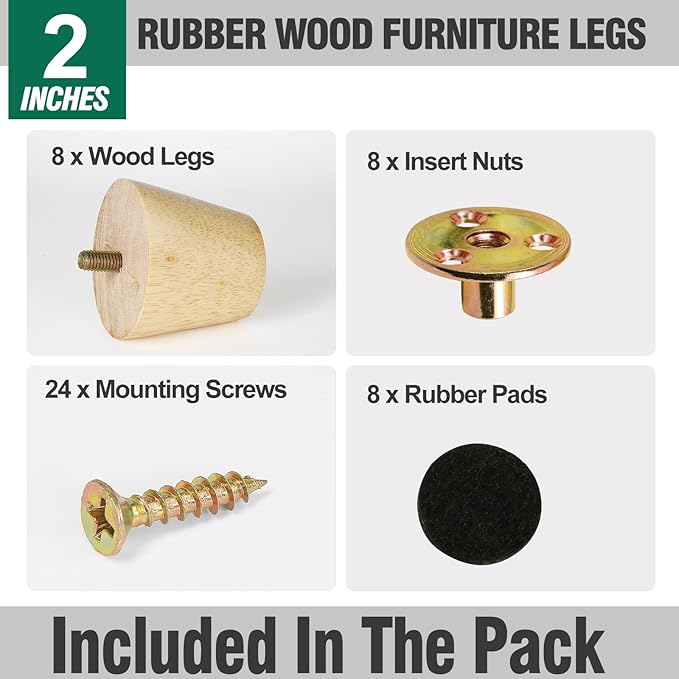 FoDau770 Rubber Wood Furniture Legs 2 Inches, Straight Tapered Wood Feet Mid Century Sofa Legs Set of 8, 5/16" UNC Furniture Feet Replacement Parts for Cabinet Couch Dresser Chair Ottoman Table