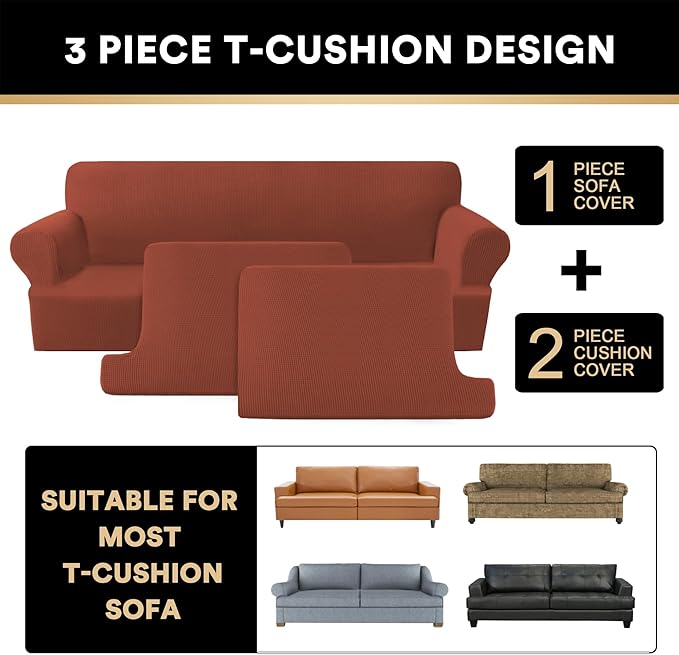 PrinceDeco T Cushion Sofa Slipcover 3 Pieces Sofa Covers for T Cushion Couch Soft Couch Covers Sofa Slip Cover Furniture Covers with 2 Individual T Shape Seat Covers (70"-88") Washable,Rust