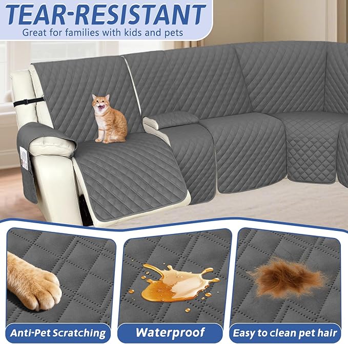 Arfntevss Recliner Sectional Couch Covers 1OO% Waterproof L Shape Sofa Cover for Reclining L Shaped Sectional Slipcover Dog Washable Corner Non Slip Protector (5 Seater with 2 Console, Deep Grey)