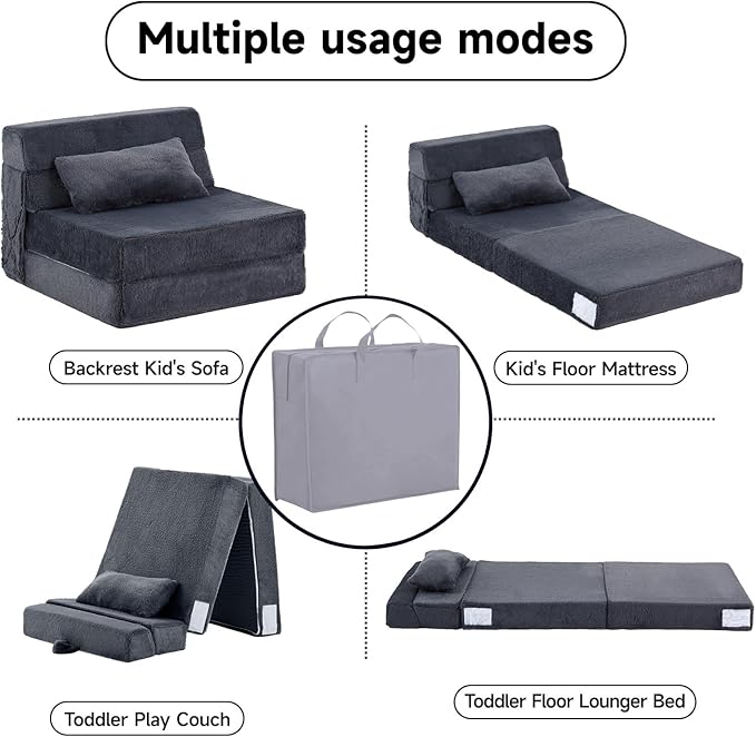 Tiita Convertible Folding Kids Sofa Bed with Pillow & Storage Bag, Plush Fabric Floor Mattress Couch Bed, Washable Cover, Kids Room, Playroom, Dorm, Apartment, Navy