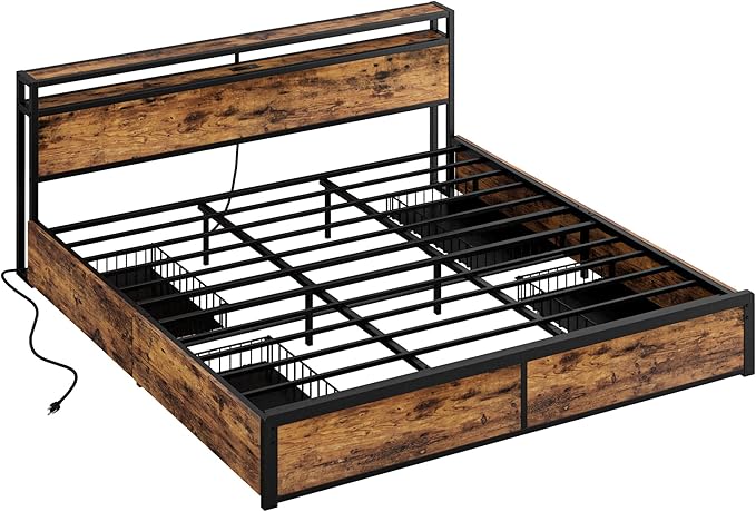 LIKIMIO King Size Bed Frame with 4 Storage Drawers, 2-Tier Storage Headboard with Charging Station, Double Bed Frame King Size for Bedroom, No Box Spring Needed, Easy Assembly, Vintage Brown