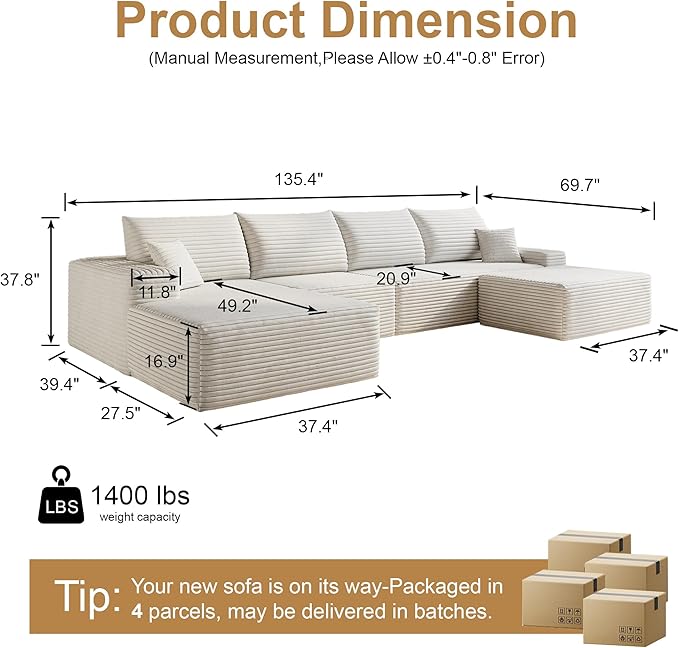 136" Sectional Couches for Living Room Cloud Couch Sofa with L-Shape Upholstered Boneless Couchs Modern Modular Sectional Couch with Chaise (White, 136" Left Facing Chaise+3Seaters+Ottoman)