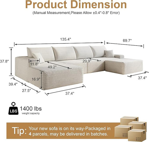136" Sectional Couches for Living Room Cloud Couch Sofa with L-Shape Upholstered Boneless Couchs Modern Modular Sectional Couch with Chaise (White, 136" Left Facing Chaise+3Seaters+Ottoman)