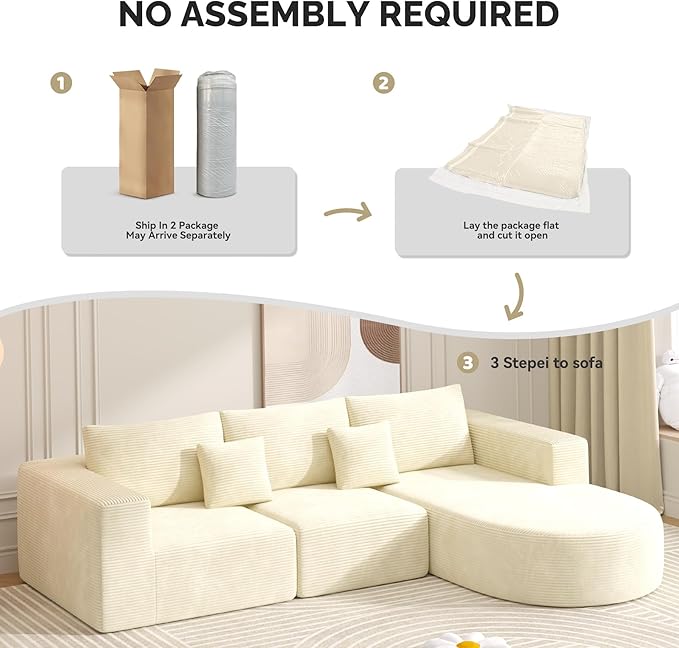 Boneless Couches for Living Room,Cloud Sectional Couch with L-Shape Chaise,Modern Modular Sofa with Deep Seat Upholstered Comfy Couches for Bedroom,No Assembly Required,1PCS