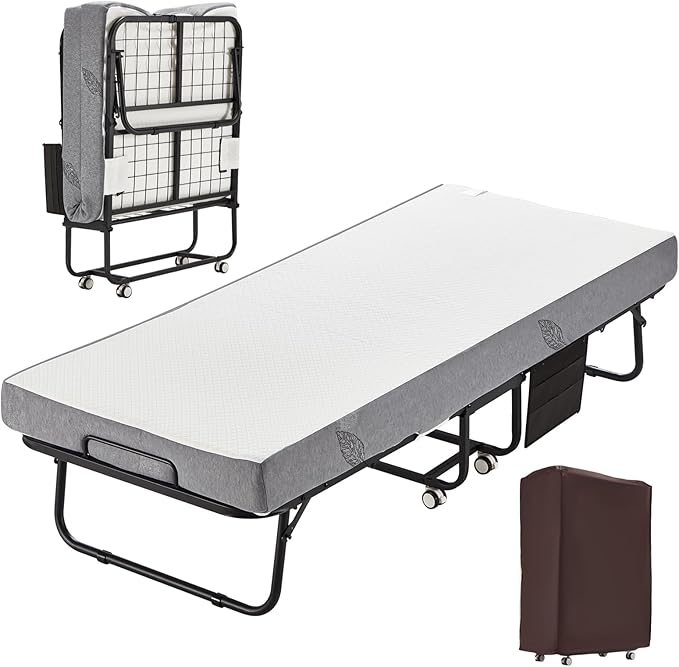 MELLCOM Folding Bed with Mattress,75" x 31" Foldable Rollaway Bed with Mattress for Adults, 5 Inch Memory Foam Mattress,Single Cot Size Portable Bed with Metal Frame&Bed Side Pocket