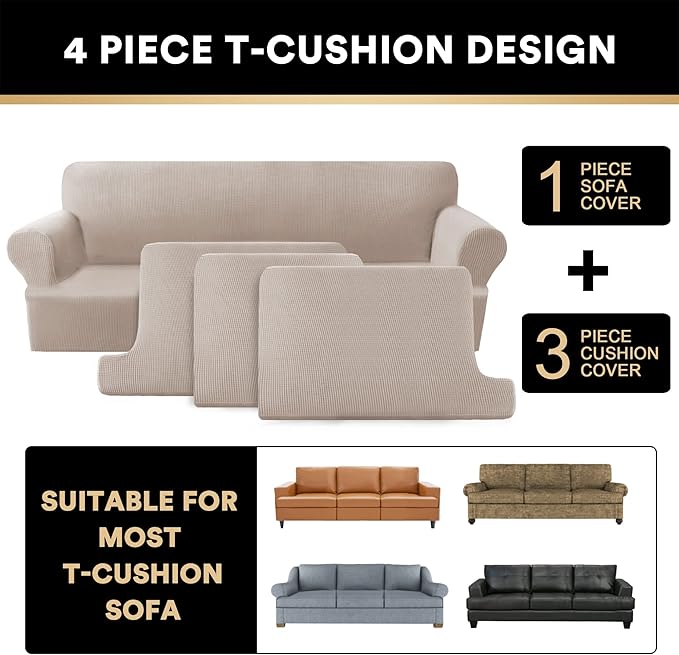 PrinceDeco T Cushion Sofa Slipcover 4 Pieces Sofa Covers for T Cushion Couch Soft Sofa Slip Covers Furniture Protector with 3 Individual T Shape Seat Covers Width Up to 88 Inch, Sand