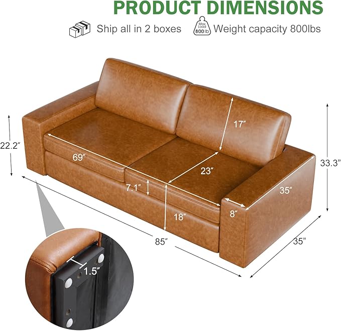 ELUCHANG 85" Faux Leather Couch, 2 Piece Mid-Century Modern Loveseat Sofa with Extra Deep Seat, Upholstered Cushion&Solid Wooden Frame, Comfy Couch for Living Room, Brown