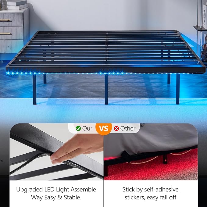 VINGLI 14 Inch Floating Bed Frame Full with USB Charging Station/LED Lights, Double Platform Guest Bed, Heavy Duty Metal Bed Base, No Box Spring Needed,Black