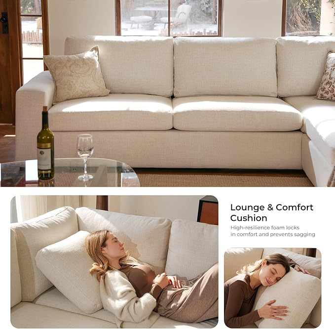ELUCHANG 113" V-Shaped Modular Sectional Sofa Couch, Modern 4-Seat Comfy Linen Deep Seat Sofa with Corner, Removable Cover, Easy Assembly, Large Sofas & Couches for Living Room, Office, Beige | Spring Cushions, Easy to Clean, Deep Seat