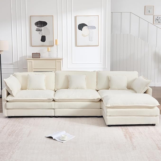111.5" Modular Sectional Sofa, Large L Shaped Sectionals Cloud Couch, Big Comfy 3-Seat Couch with Ottoman, 4 Seater Chenille Sectional Sofa with Deep Seat and 5 Pillows for Living Room- Beige