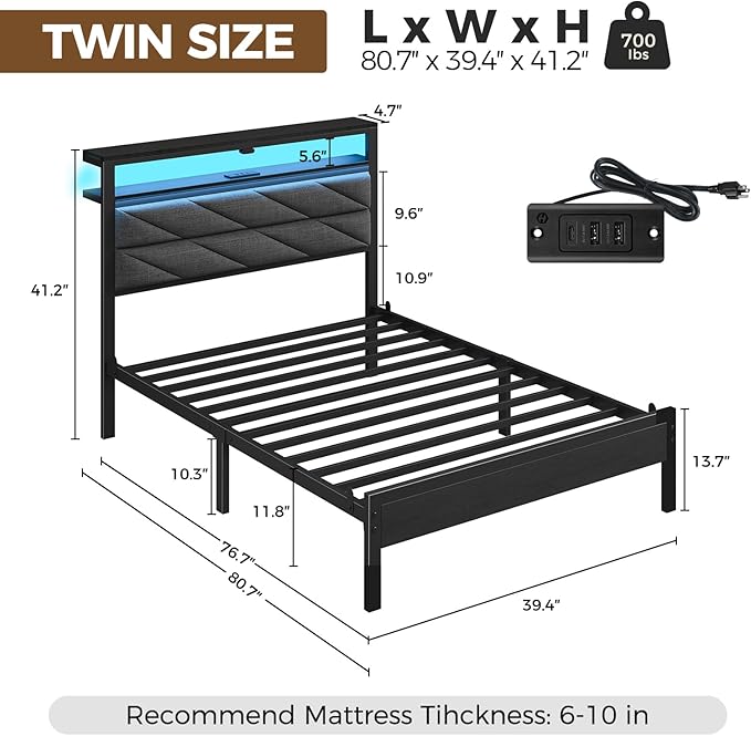 Seventable Twin Bed Frame with Charging Station & LED Lights, Upholstered Headboard with 2-Tier Storage Shelves, Metal Platform with Under Bed Storage, No Box Spring Needed, Easy Assembly, Dark Grey