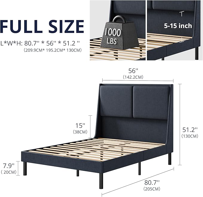 Cozy Castle Full Size Upholstered Platform Bed Frame with 51.2" Tall Wingback Headboard, Double Backrest Metal Bed Frame, No Box Spring Needed, Easy Assembly, Bedroom Furniture, Navy Blue