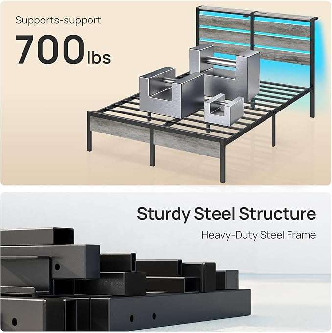 Rolanstar Queen Bed Frame with LED Lights and Charging Station, Wood Storage Headboard and Under Bed Storage, Metal Platform, Noise Free, No Box Spring Needed, Grey