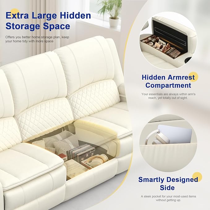 3+1 Manual Recliner Sofa, Maximum Load Capacity 1800lbs & Ergonomics Design, Multi-Functional Middle Seat & Home Theater Seating with Removable Armrest and Storage for RV Living Room(PU,White)