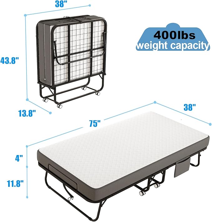 Folding Bed with Mattress for Adults, 75" x 38" Twin Size Rollaway Bed with Memory Foam Mattress, Portable Foldable Guest Bed with Metal Frame, Deluxe Single Bed for Side Storage Pocket