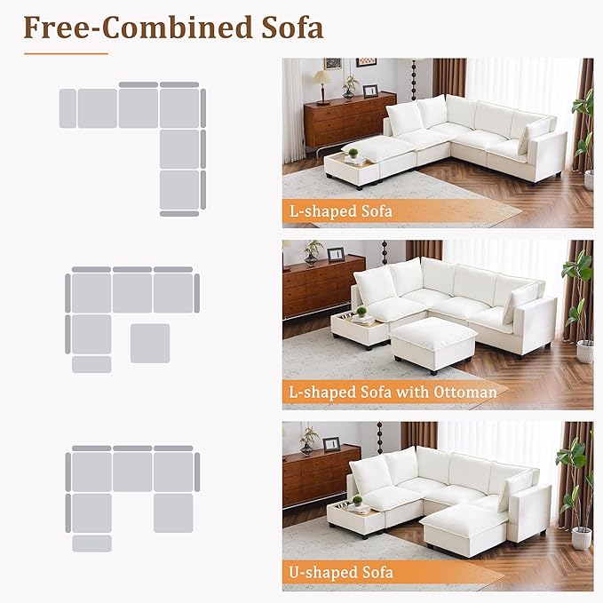 Harper & Bright Designs 90" U-Shaped Sectional Sofa Modular Sofa Couch with a Movable Ottoman, a Coffee Table with Hidden Charging Devices for Living Room, White