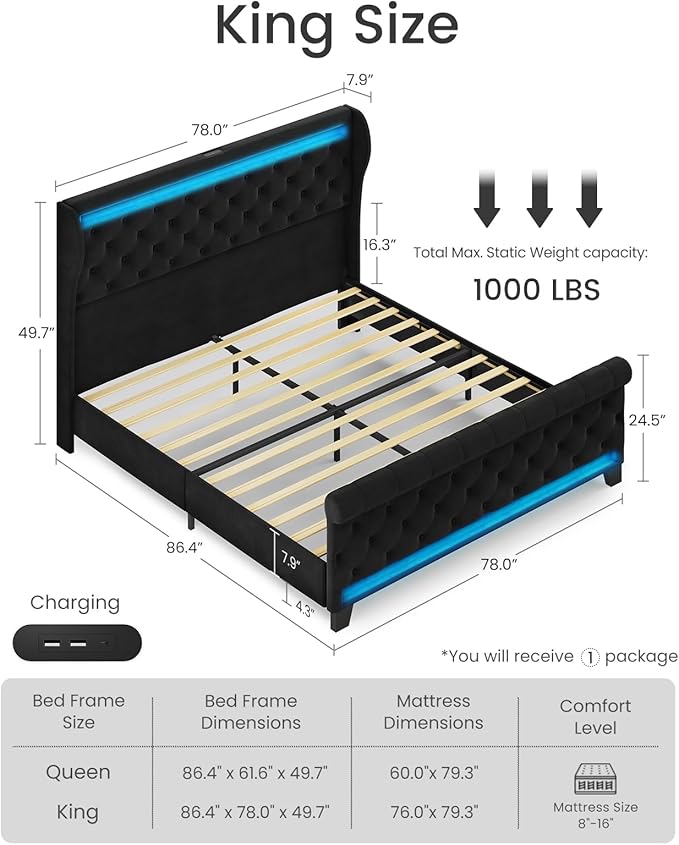 Belffin King Size Bed Frame with Headboard,50" Tall Headboard Upholstered Velvet Platform Bed with LED Lights & 2 USB Port/1 Type C Port, Button Tufted, No Box Spring Needed,Noise Free,Black