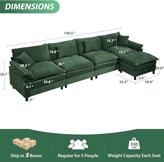 Oversized Modular Sectional Sofa, 146.5 Inch L Shaped Cloud Couch Set, 4-Seat Comfy Convertible Sofa with 1 Movable Ottoman, DIY Combination Sleeper Couch for Living Room(Chenille, Green)