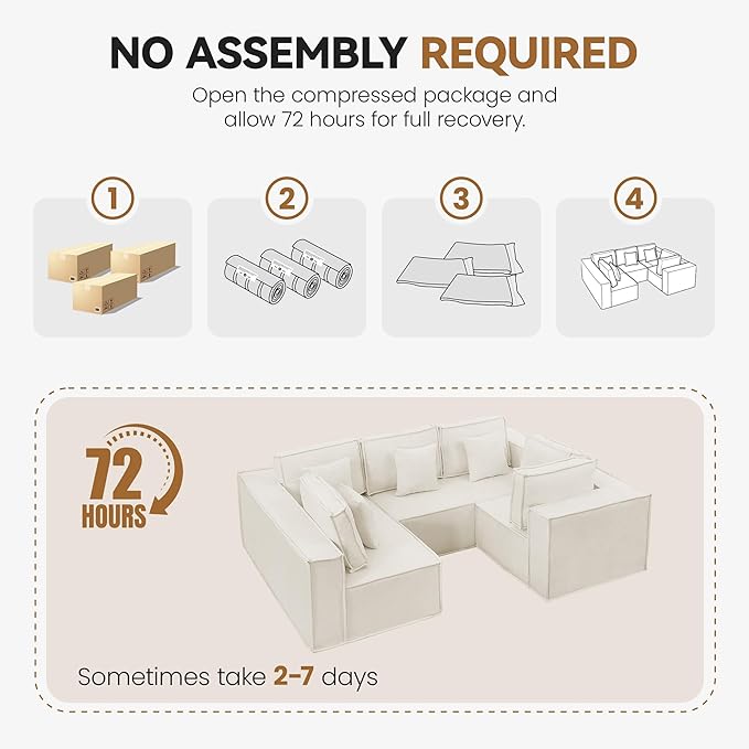 108'' Boneless Chenille U Shaped Couch, Oversized Modular Sectional 5 Seater Sofa, Modern Deep Seat Corner Cloud Compressed Couch, No Assembly Sleeper Sofa with Chaise for Living Room, Beige