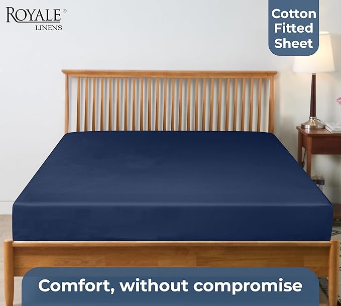 Royale Linens 100% Organic Cotton Fitted Sheet - Percale Weave - Super Soft Deep Pocket Bottom Sheets - Navy Elastic Sheet Full Size - Full Fitted Sheets Only - (54"x75"+15", Navy)