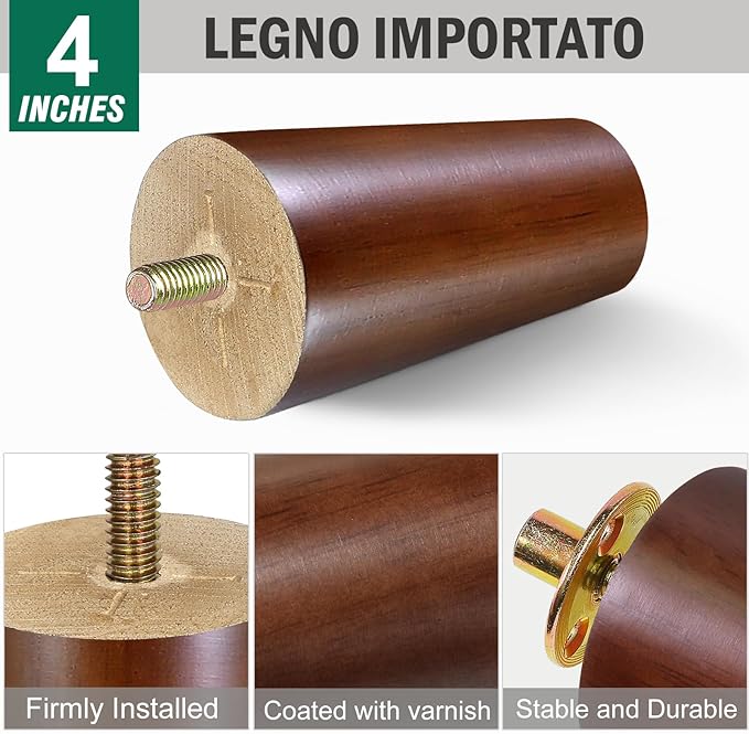 FoDau770 Brown Rubber Wood Furniture Legs 4 Inches, Straight Tapered Wood Feet Mid Century Sofa Legs Set of 8, 5/16" UNC Furniture Feet for Cabinet Couch Dresser Chair Ottoman Table