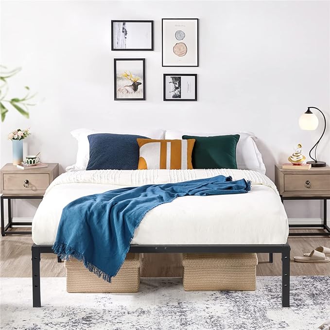 FurnitureR Modern Metal Platform Bed, Full/Twin Size Bed Frame with 14.2" Under-Bed Storage, Sturdy Locking Mechanism, Easy Assembly for Bedroom or Guest Room, Black (Full)