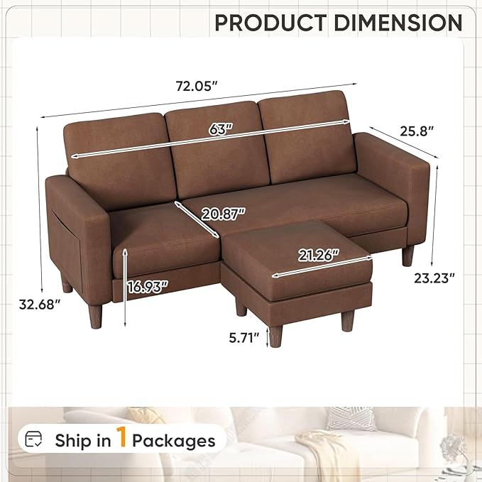 Homall Convertible Sectional Sofa 3 Seat L Shaped Couch with Side Storage Pocket, Sofas with Movable Ottoman, Small Linen Couches for Living Room & Apartment (Linen Fabric, Brown)