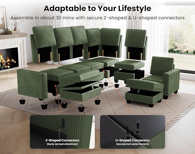 CHIC HOUSE Modular Corner Sectional Sofa with Storage, Corduroy L-Shaped Couch, Compact Small Space Furniture for Living Room & Apartment (Green, 5 Seater L-Shaped)