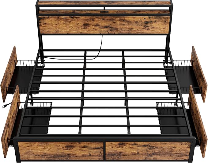 LIKIMIO King Size Bed Frame with 4 Storage Drawers, 2-Tier Storage Headboard with Charging Station, Double Bed Frame King Size for Bedroom, No Box Spring Needed, Easy Assembly, Vintage Brown
