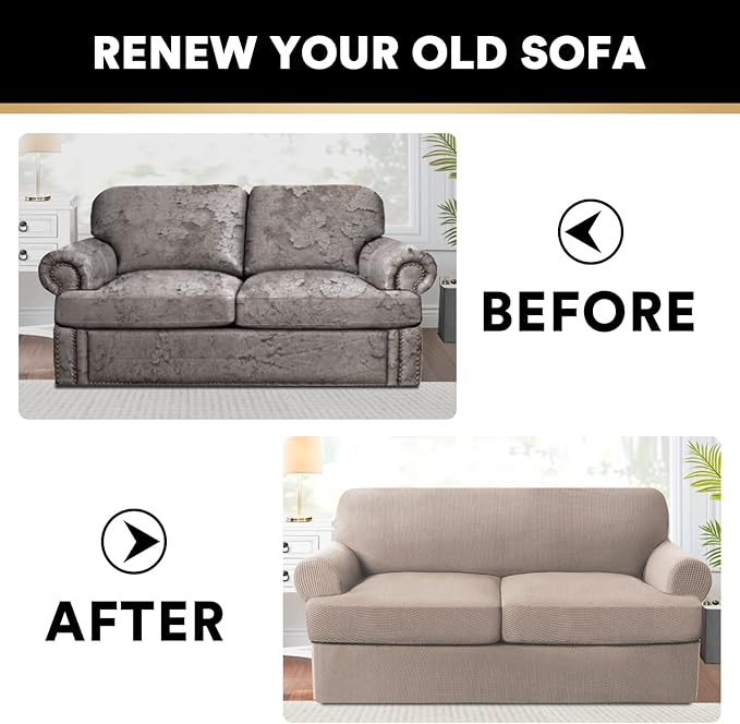 PrinceDeco T Cushion Loveseat Slipcover 3 Pieces Sofa Covers for T Cushion Sofa Stretch Slip Covers for 2 Cushion Couch with 2 Individual T Shape Seat Covers Width Up to 76" - Washable, Sand