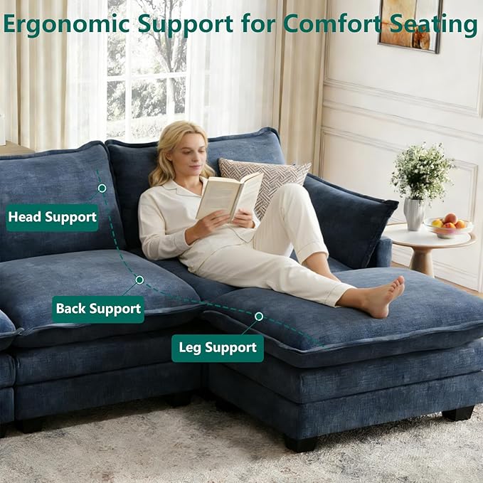 Modular Sectional U Shaped Sofa Couches for Living Room, Cloud Couch with Movable Ottoman, Comfy Chenille Sofa with Pillow for Bedroom and Apartment,Blue