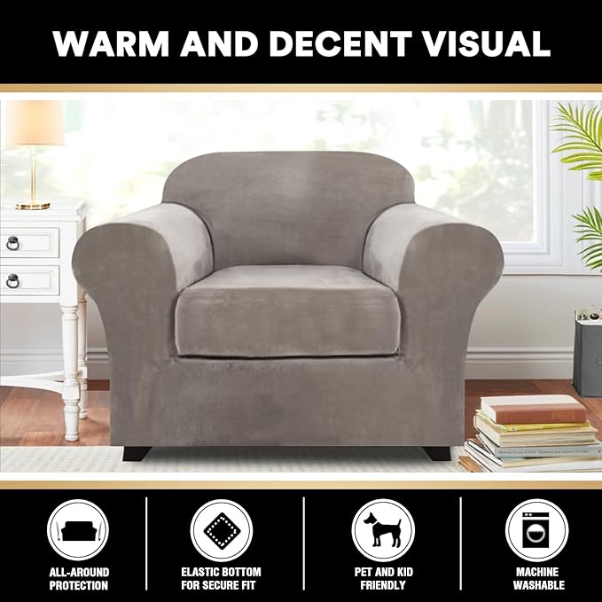 PrinceDeco Velvet Plush Couch Cover Stretch 2 Piece Chair Cover Chair Slipcover Washable Furniture Protector Couch Soft with Elastic Bottom Armchair Cover Width Up to 49 Inch(Small, Taupe)
